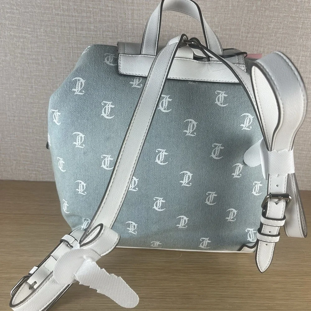 Juicy Couture Denim Monogram Back To Class Backpack RhinestoneLogo WhiteTrim NWT